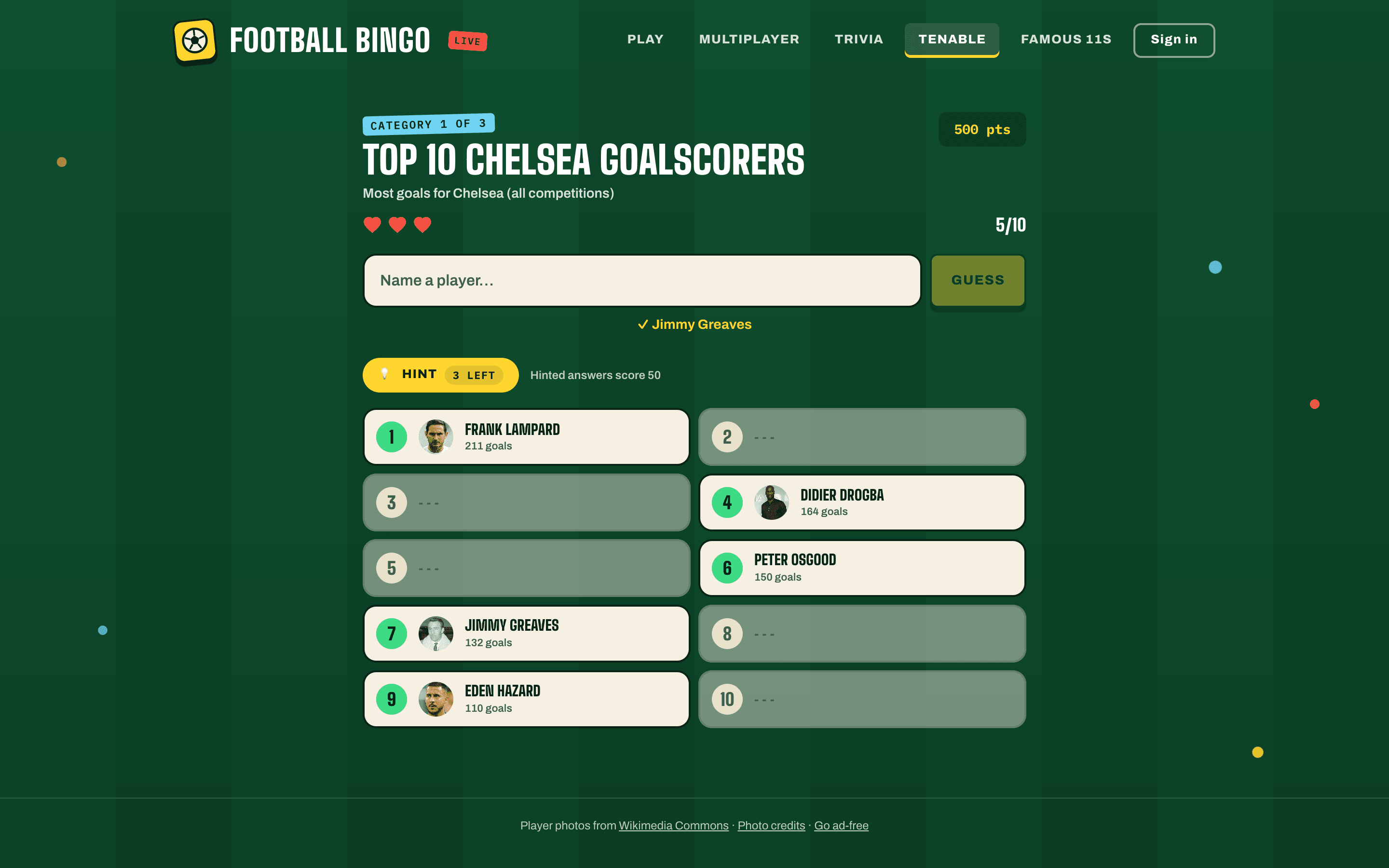 Football Bingo - tenable: topp 10